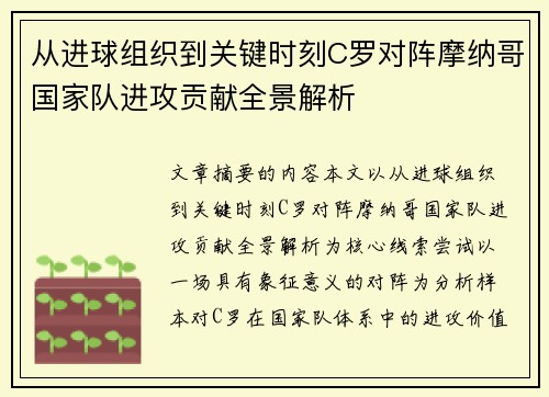 从进球组织到关键时刻C罗对阵摩纳哥国家队进攻贡献全景解析